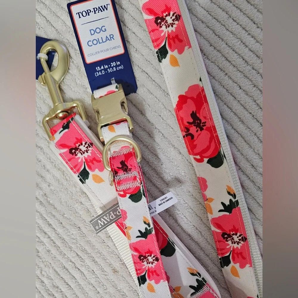 Top Paw White/Pink Floral Collar & Leash Set (M)